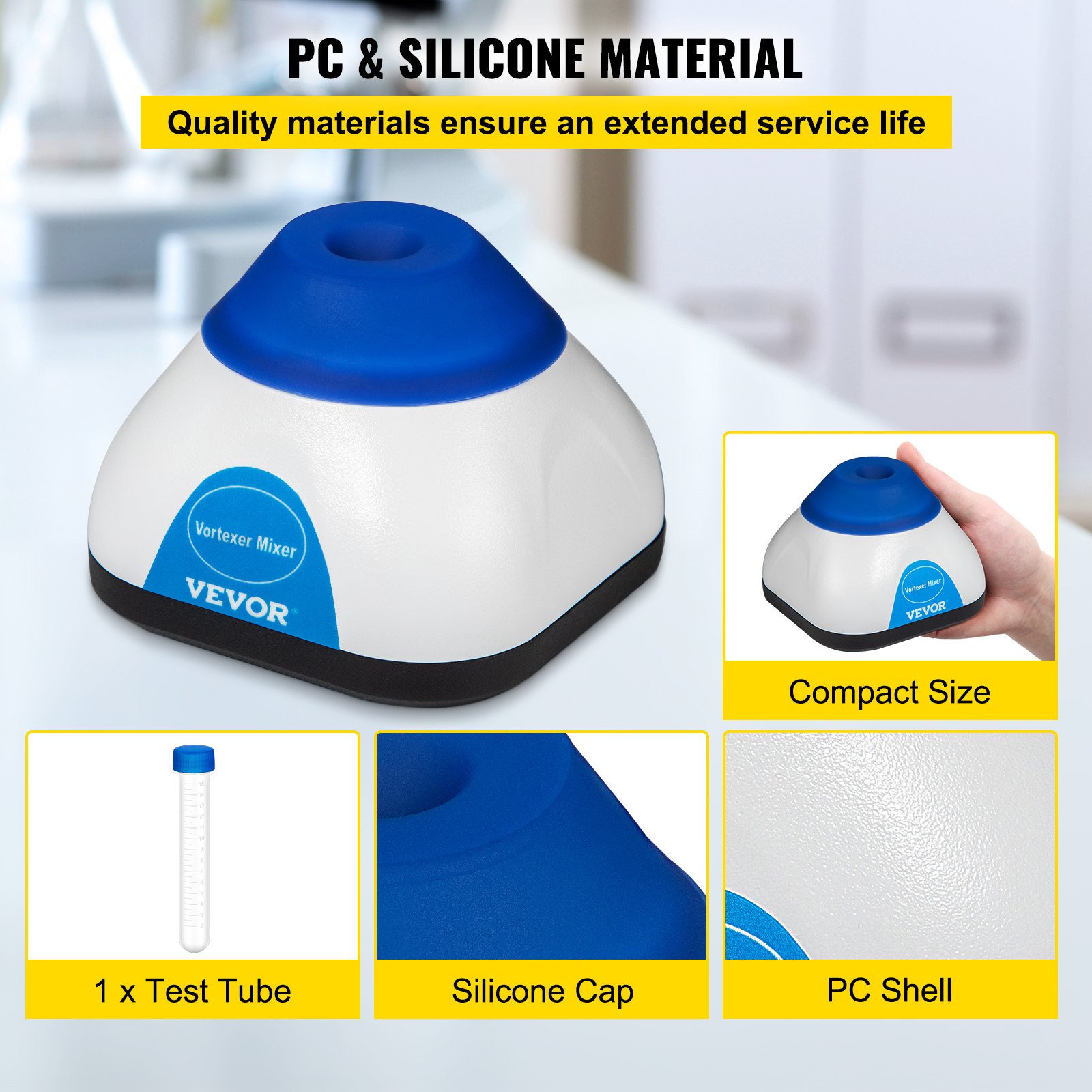 Mezclador de vórtice VEVOR en color blanco con tapa de silicona azul, mostrado en tamaño compacto, carcasa de PC duradera.