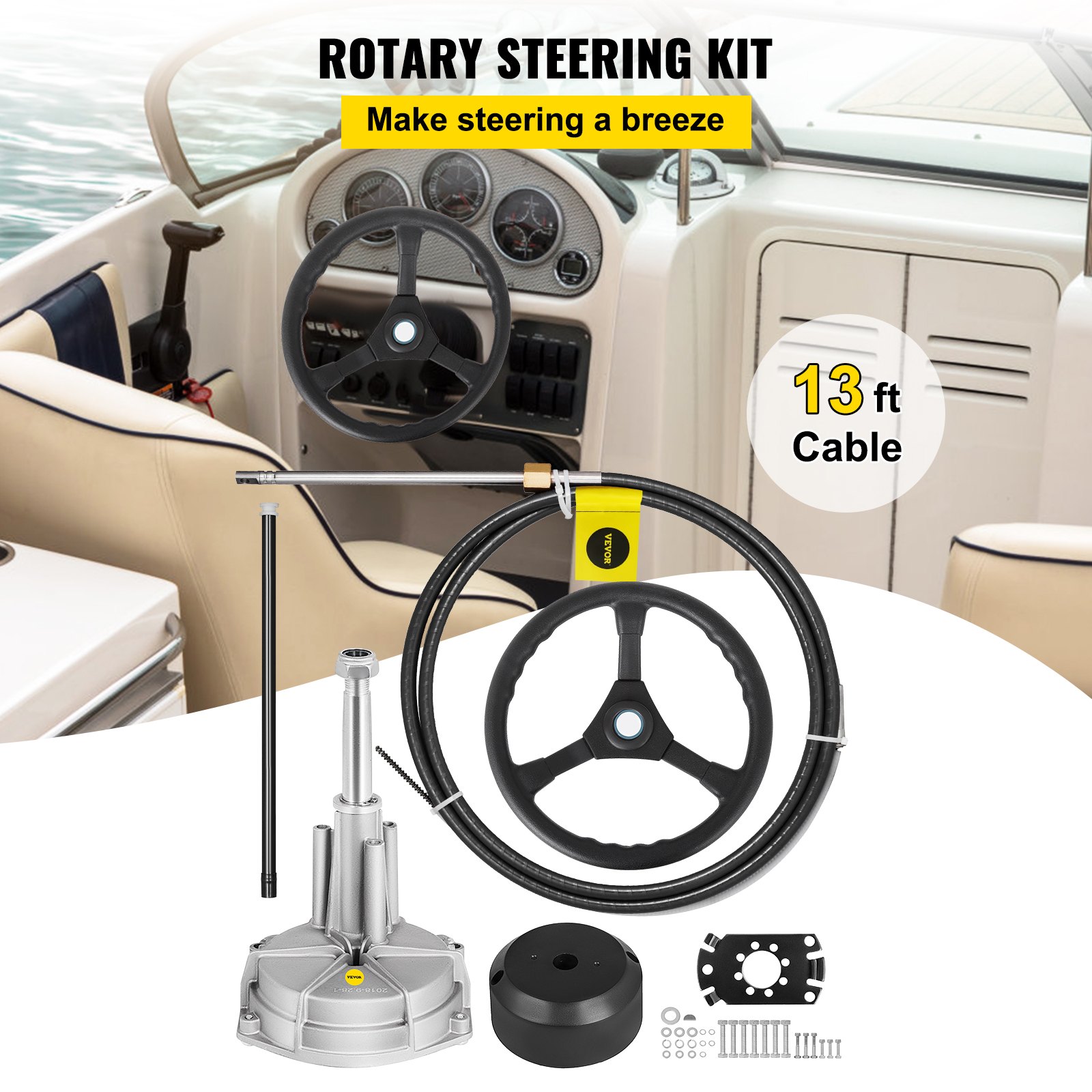 Kit de dirección rotativa con cable de 13 pies, compatible con el sistema de dirección fueraborda VEVOR.