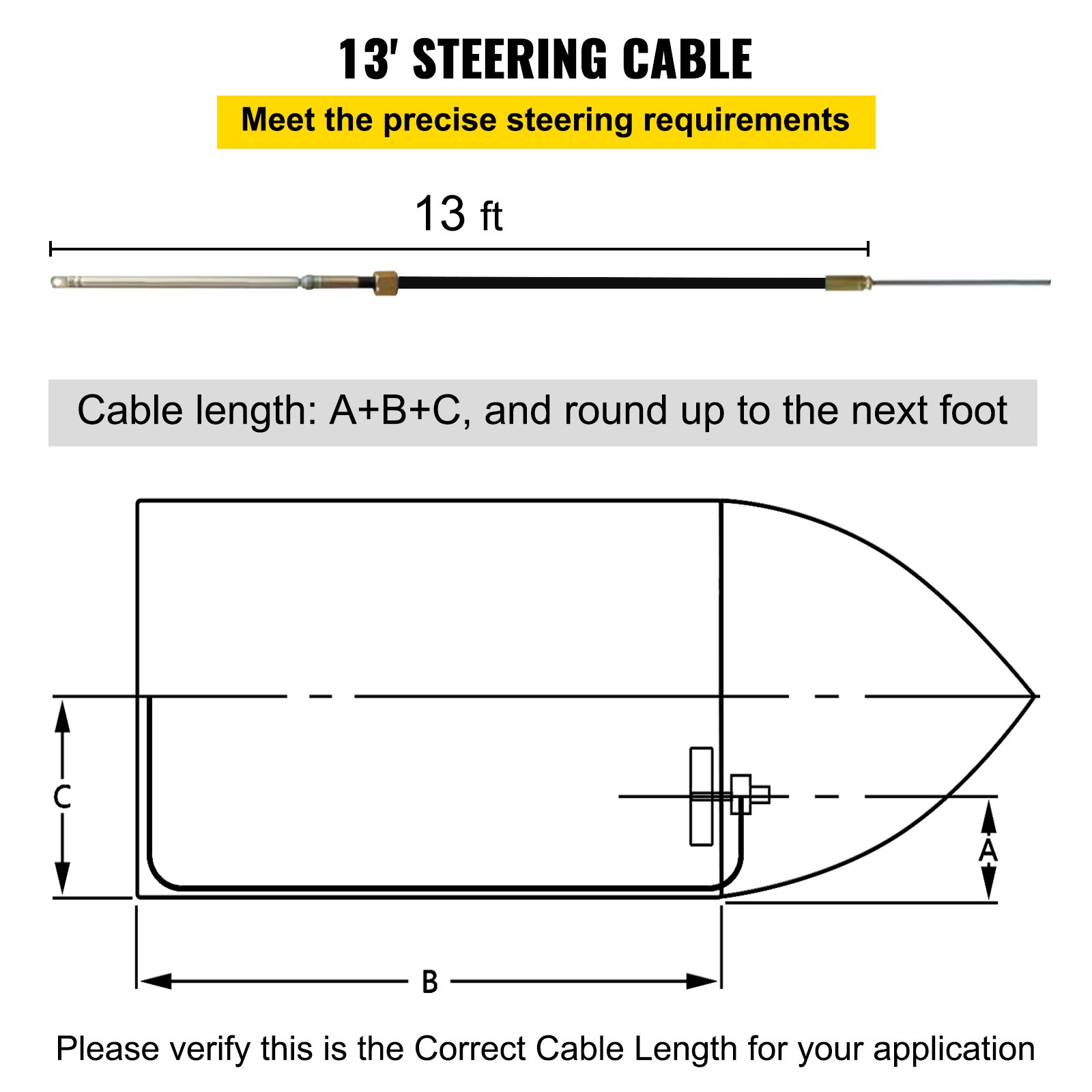 Cálculo de la longitud del cable del sistema de dirección fueraborda VEVOR de 13&#039; con diagrama de barco.
