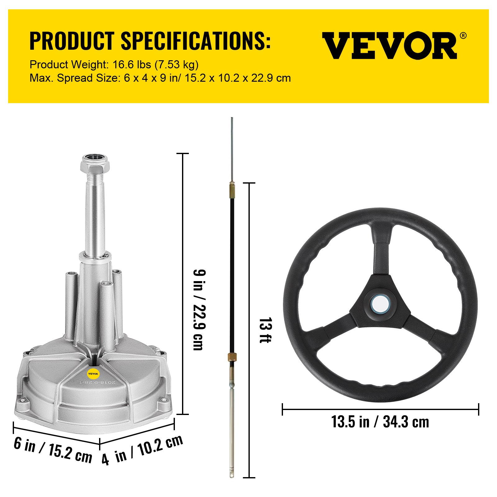 Sistema de dirección fueraborda VEVOR con especificaciones: 6x4x9 pulgadas, cable de 13 pies, rueda de 13,5 pulgadas.