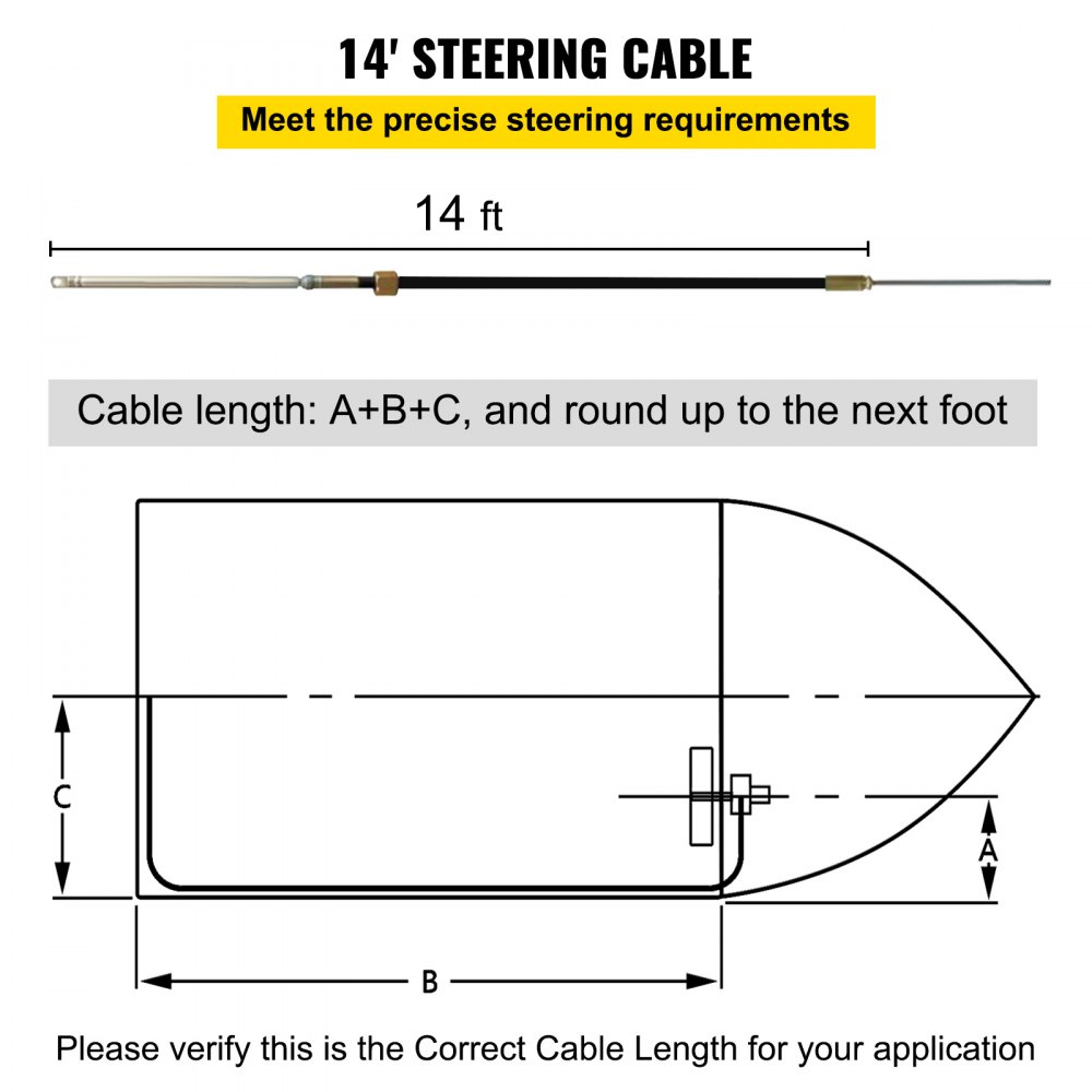 Diagrama de cable de 14 pies del kit de dirección fueraborda VEVOR, que muestra consejos para medir la longitud.