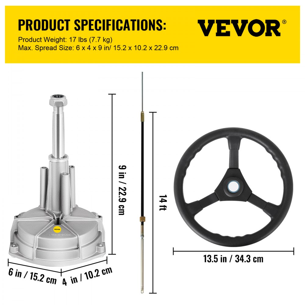 Especificaciones del kit de dirección fueraborda VEVOR: base, cable y volante de 13,5 pulgadas.