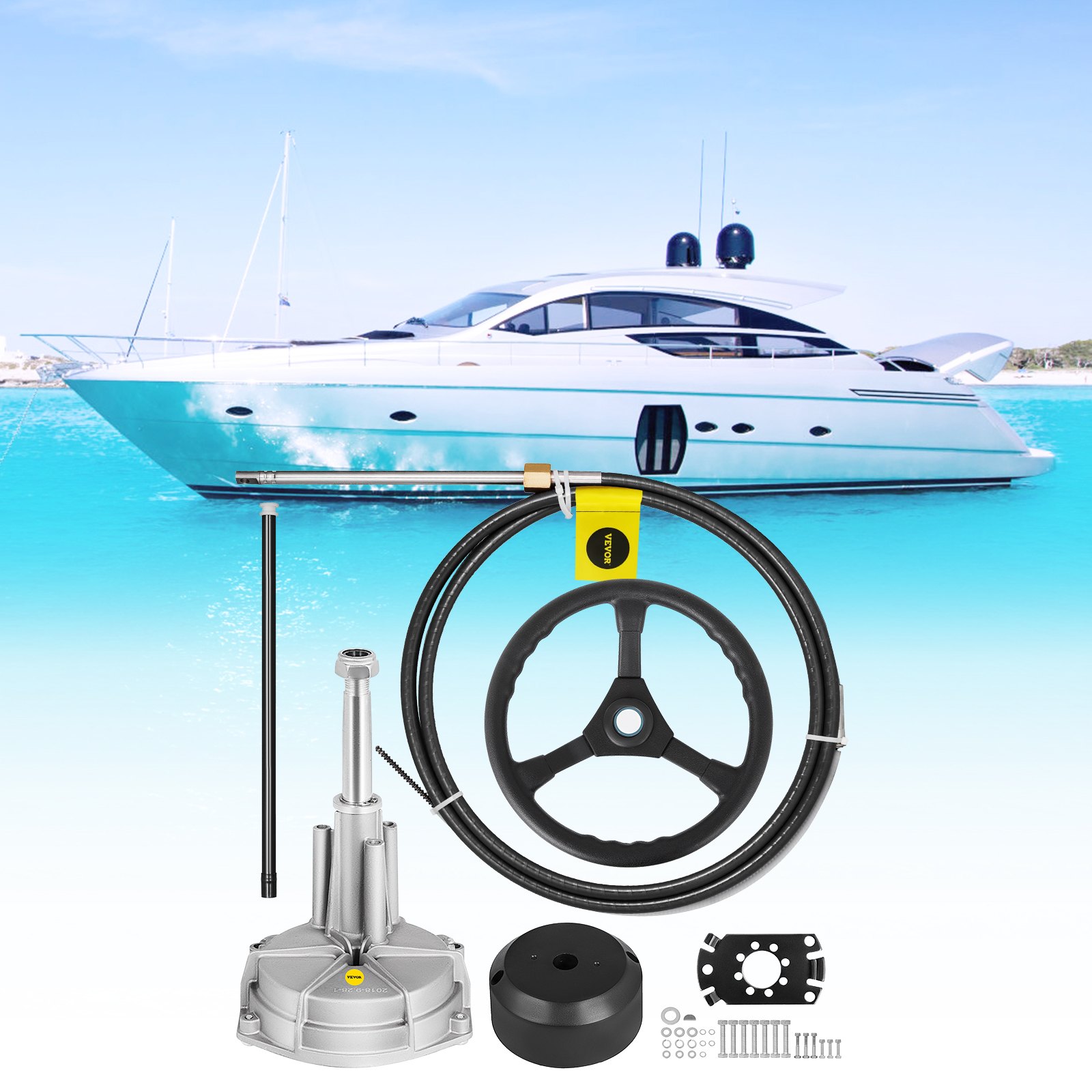 Kit de dirección fueraborda VEVOR delante de un yate de lujo en aguas turquesas.