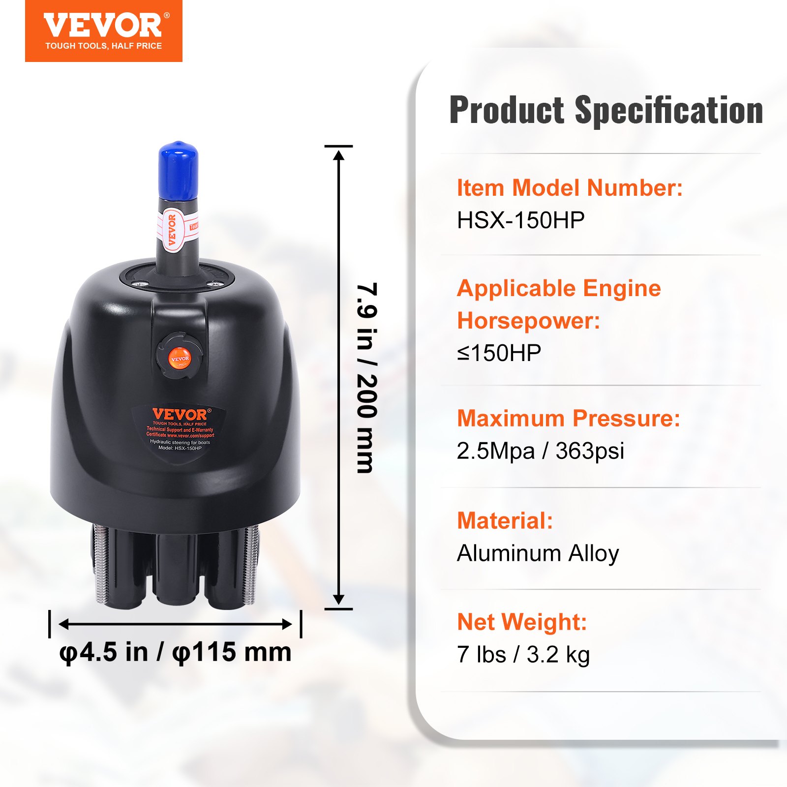 Especificaciones de la bomba de dirección fueraborda hidráulica VEVOR: 150 hp, 2,5 mpa, aleación de aluminio.