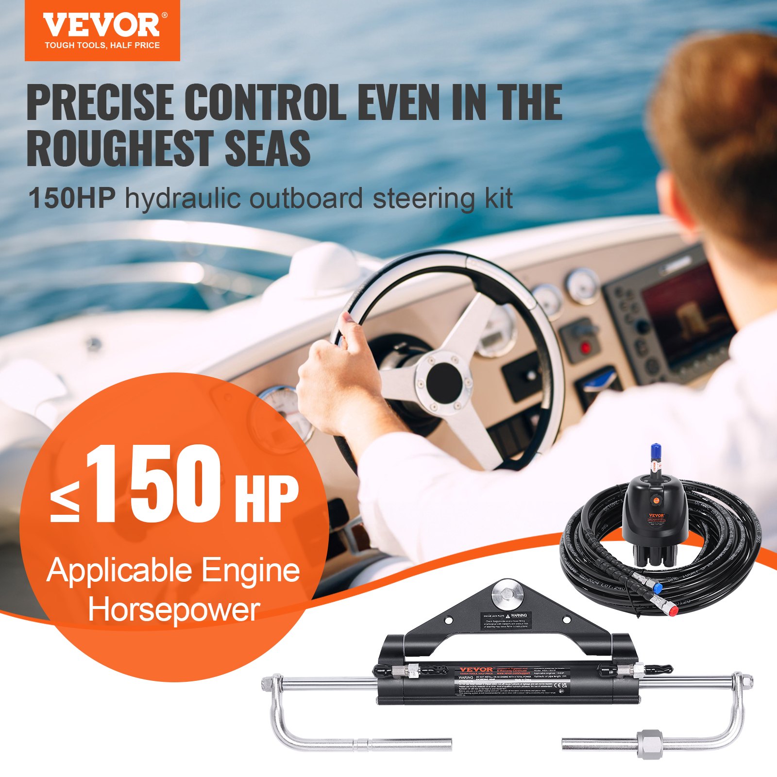 Kit de dirección hidráulica fueraborda VEVOR de 150 HP para barco, sistema marino, cilindro de bloqueo bidireccional integrado, bomba de 150 HP y manguera de nailon de alta resistencia para uso en una sola estación y un solo motor.