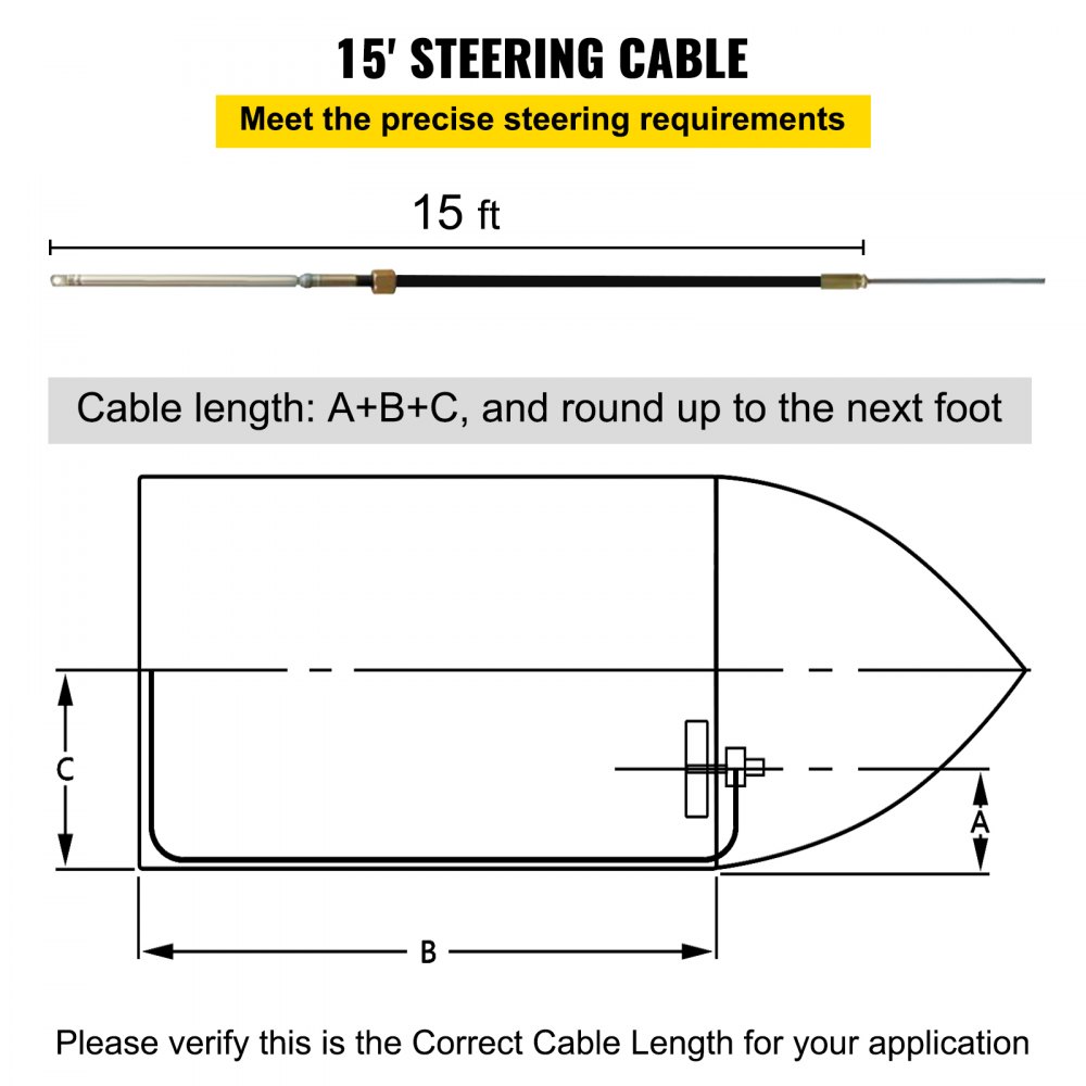 Tabla de longitud de cable de dirección de 15&#039; para kit de dirección fueraborda VEVOR con guía de medición.