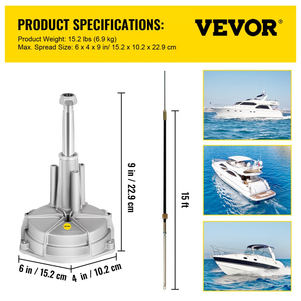 Especificaciones del kit de dirección fueraborda VEVOR con imágenes de barcos en el agua.