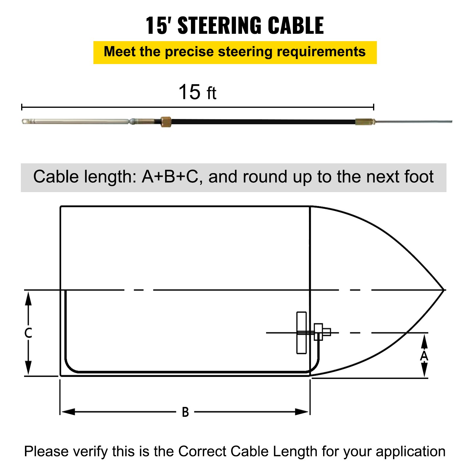 Tabla de longitud de cable de dirección de 15&#039; para kit de dirección fueraborda VEVOR con guía de medición.