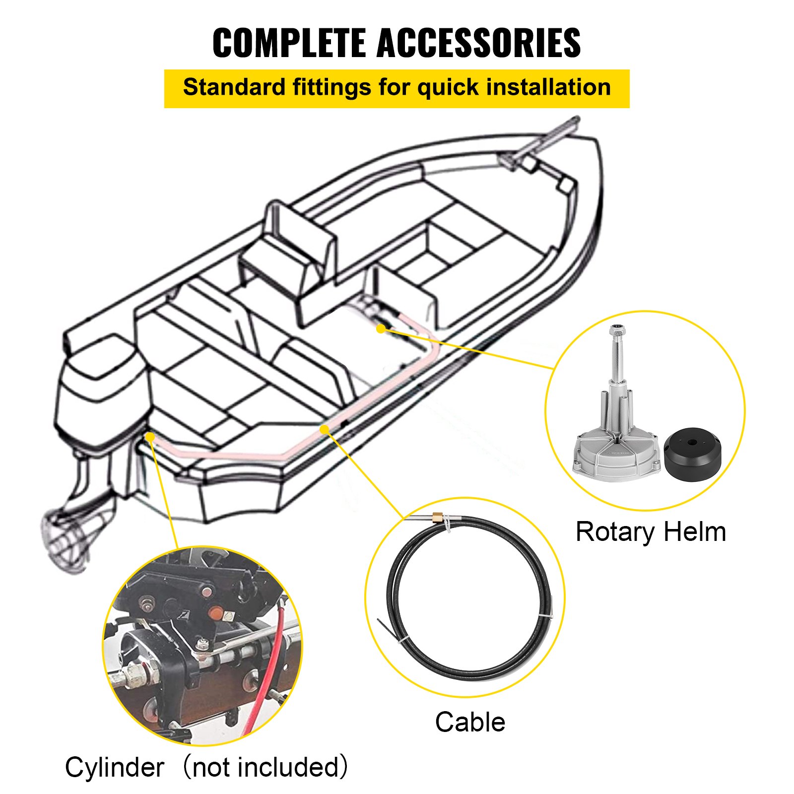 Embarcación con kit de dirección fueraborda VEVOR, timón giratorio y cables mostrados en detalle.