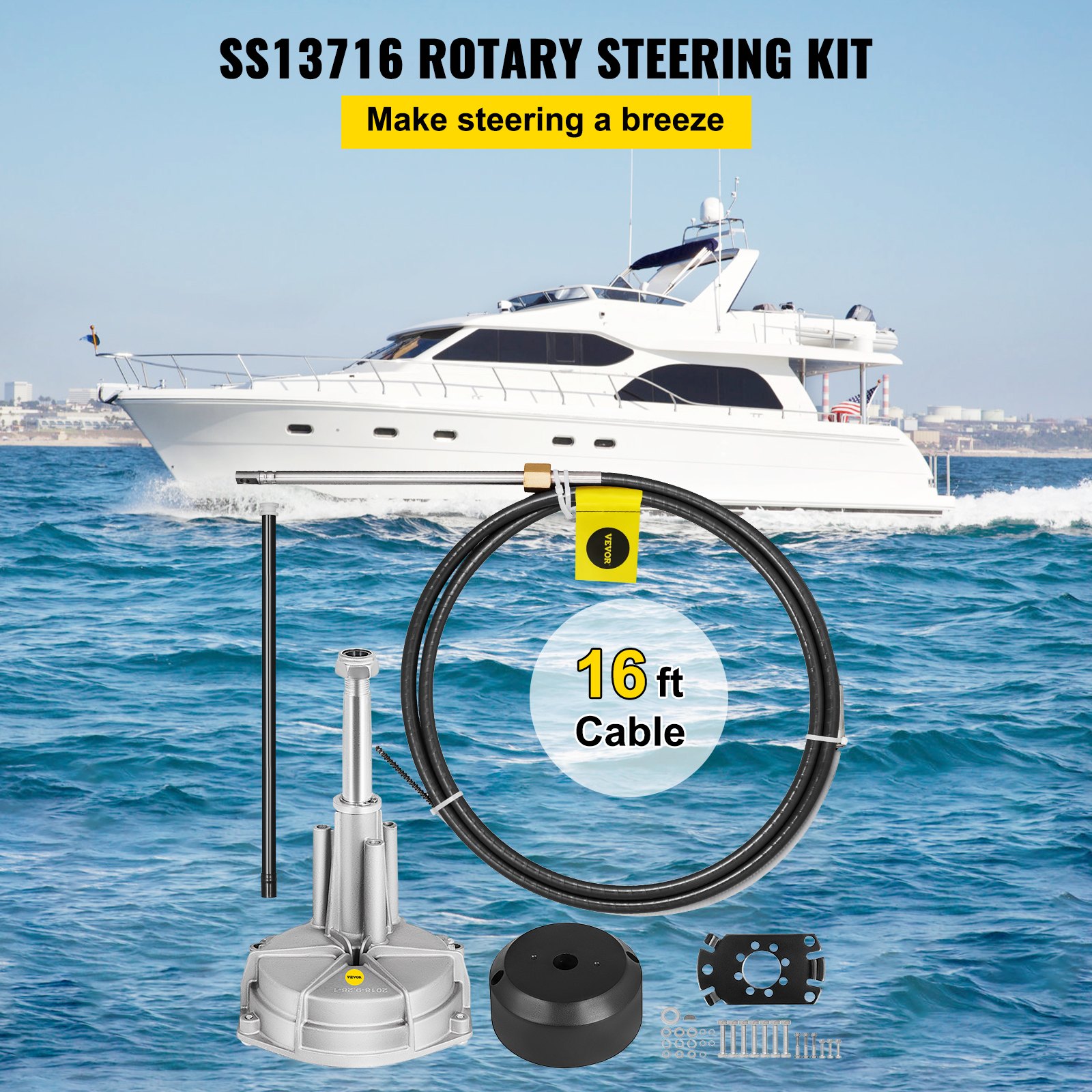 Kit de dirección de barco VEVOR con cable de 16 pies, exhibido frente a un gran yate.
