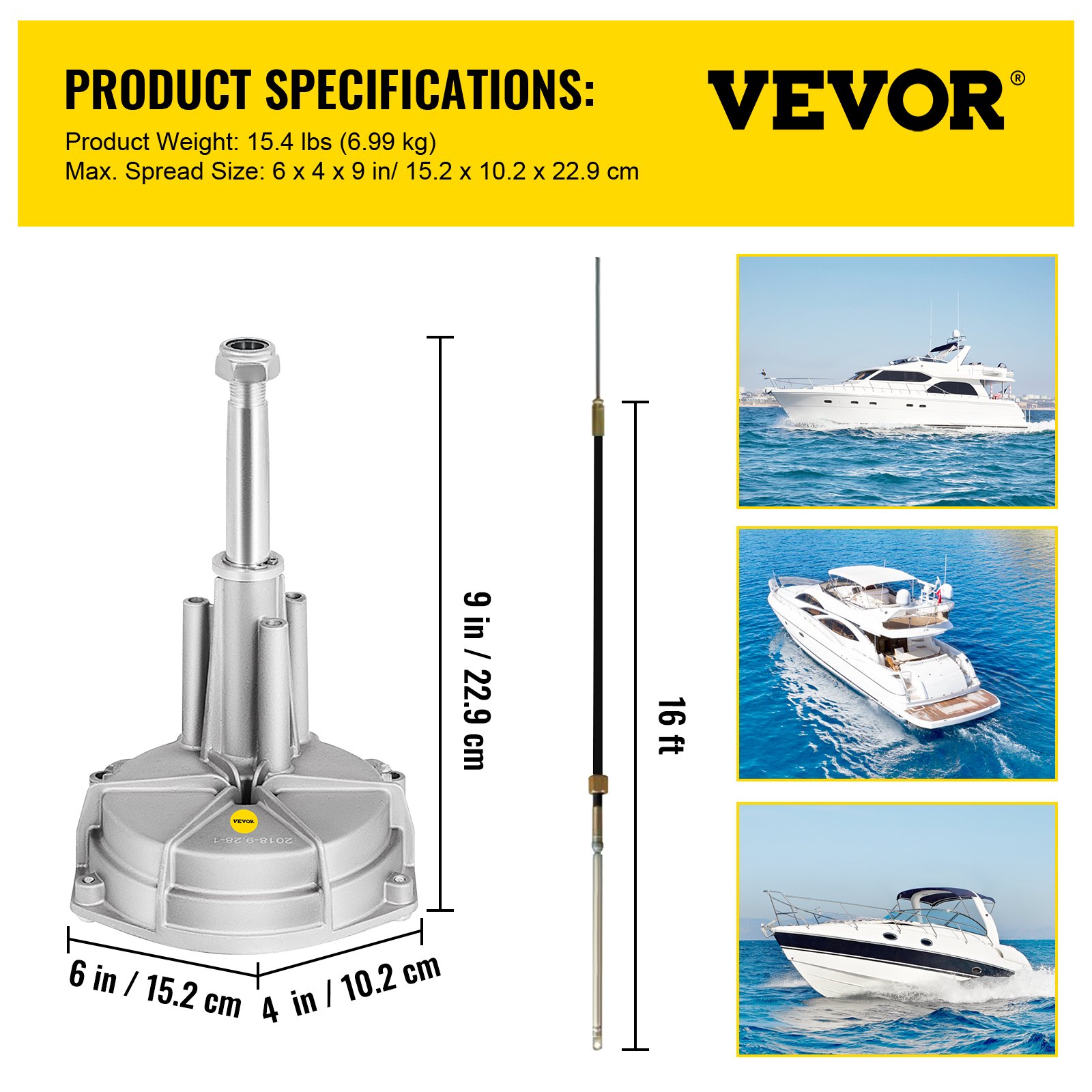 Dimensiones, peso e imágenes del kit de dirección de barco VEVOR de barcos en acción en el agua.