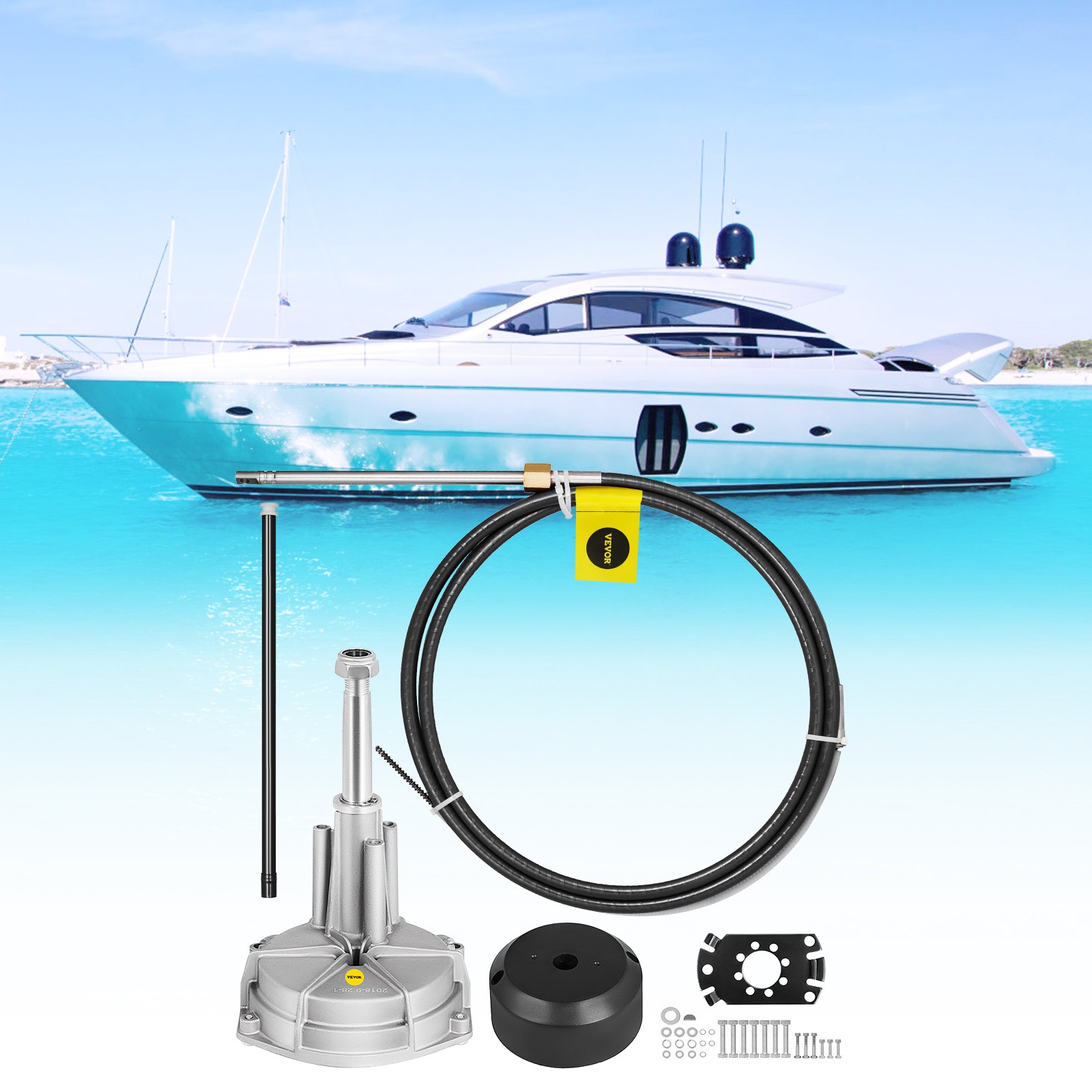 Gran yate blanco en aguas turquesas, componentes del kit de dirección de barco VEVOR en primer plano.
