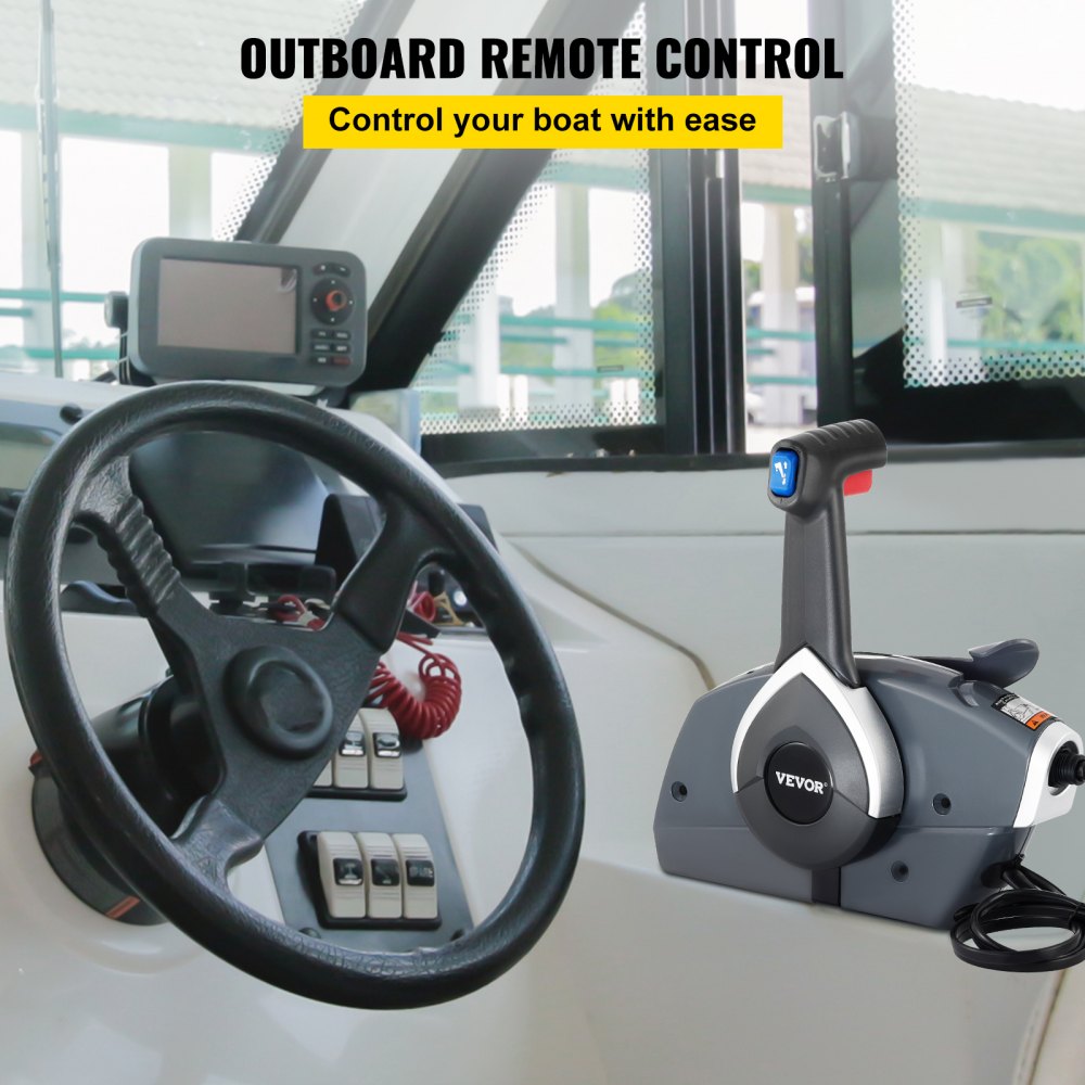 Caja de control remoto VEVOR en el timón de un barco junto a un volante y un panel de control.