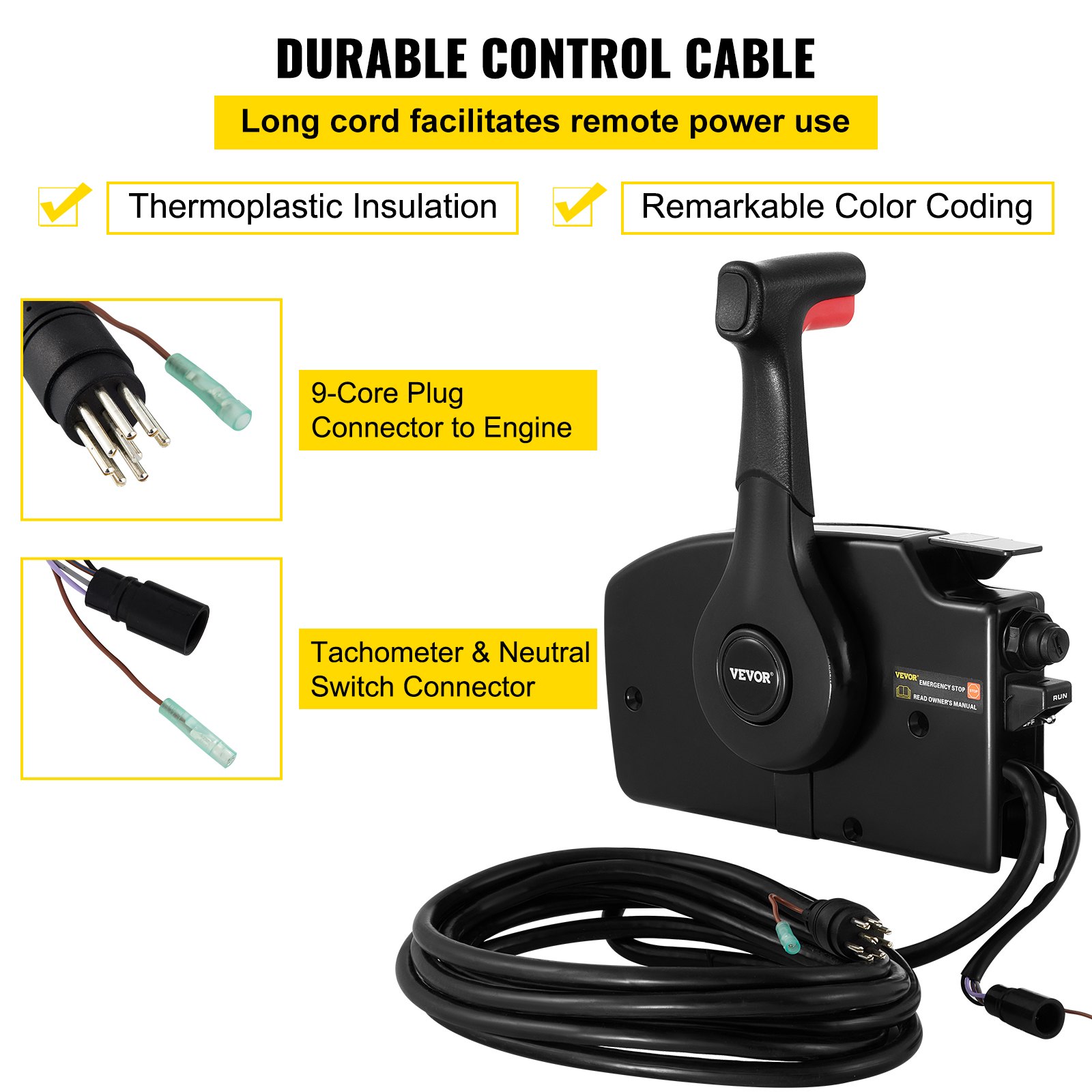 Control de acelerador de barco VEVOR con cable largo, aislamiento termoplástico y codificación de colores.