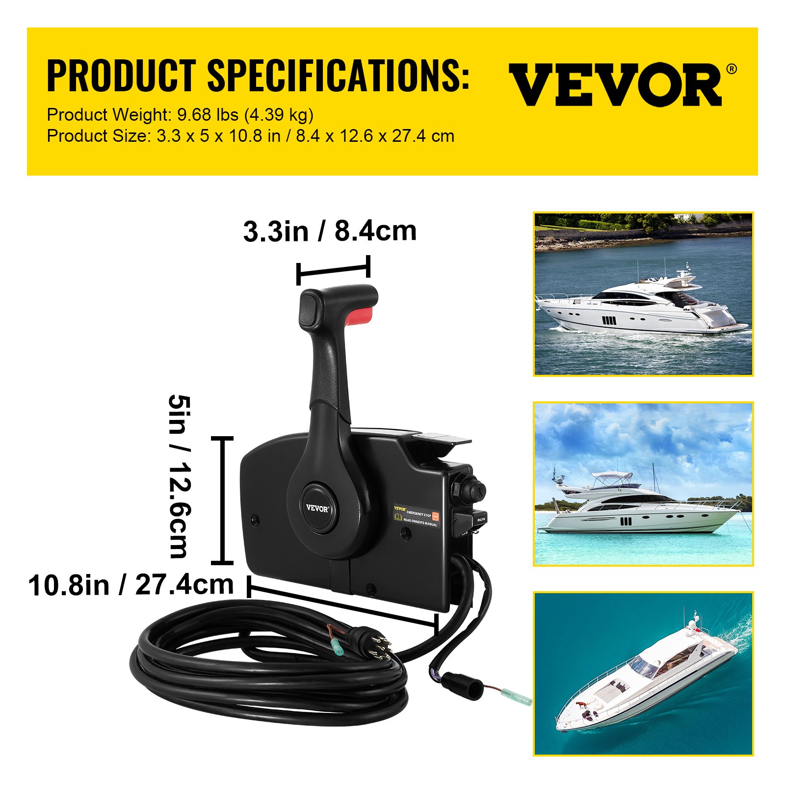 Control de acelerador de barco VEVOR con dimensiones de producto e imágenes de barcos en el agua.