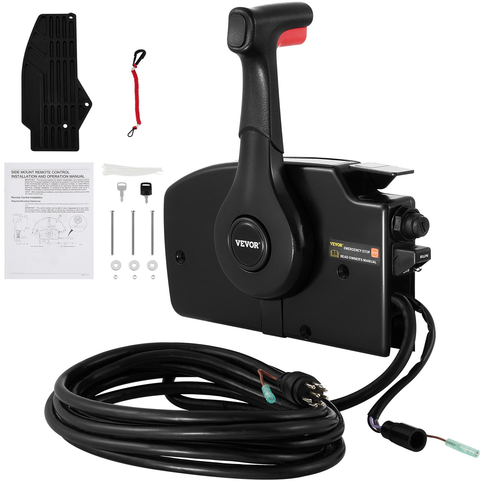 Control de acelerador de barco VEVOR con accesorios, cableado y manual de instalación.