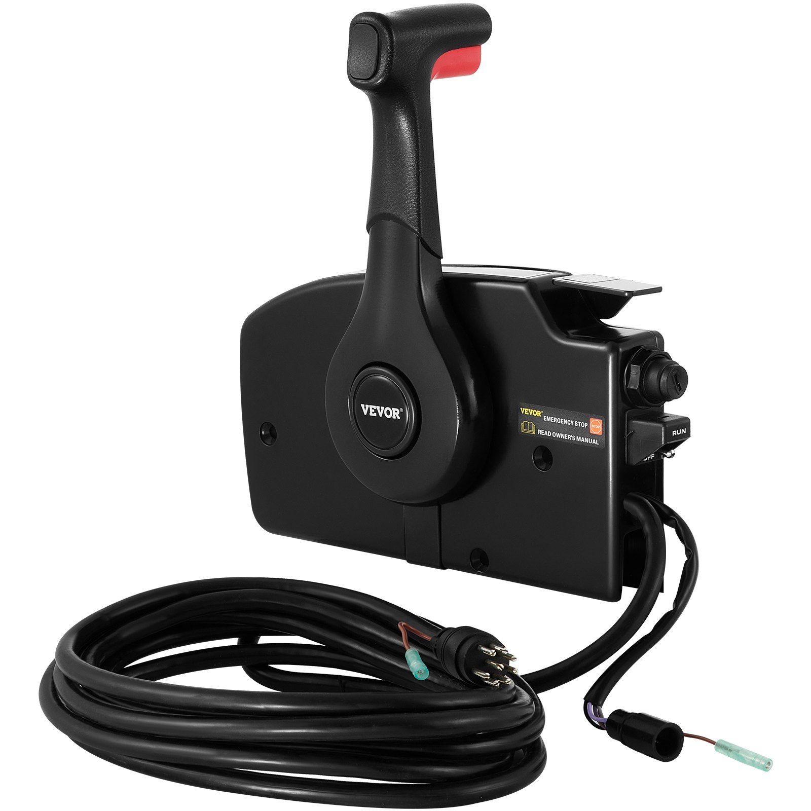 Control de acelerador de barco VEVOR con cables negros y palanca ergonómica.