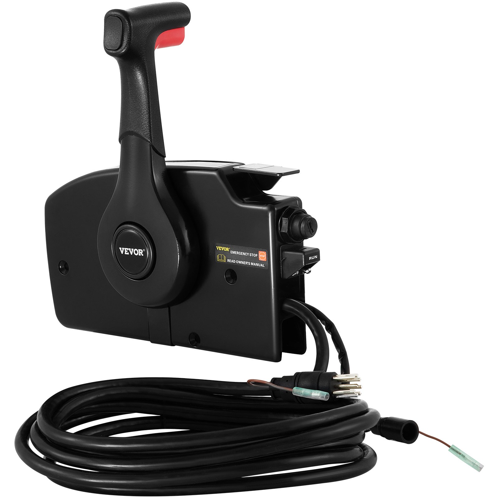 Control de acelerador de barco VEVOR con mango negro, gatillo rojo y cable adjunto.
