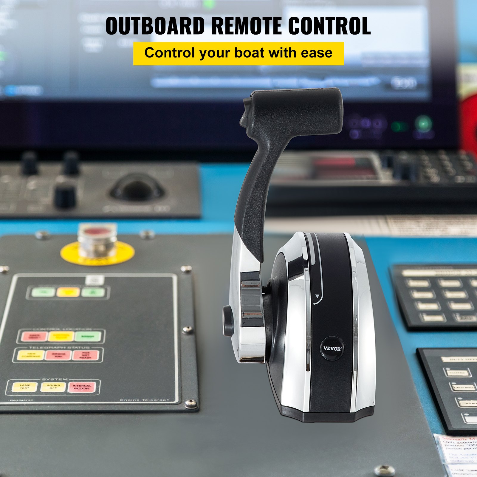 Control remoto fueraborda VEVOR en el tablero de un barco con varios botones de control.