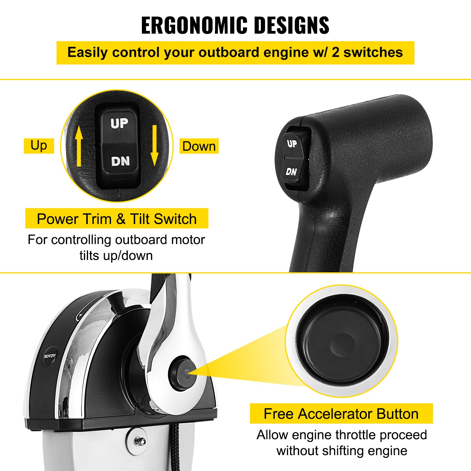 Control remoto fuera de borda VEVOR con diseño ergonómico, interruptor de inclinación y ajuste eléctrico y botón de acelerador libre.