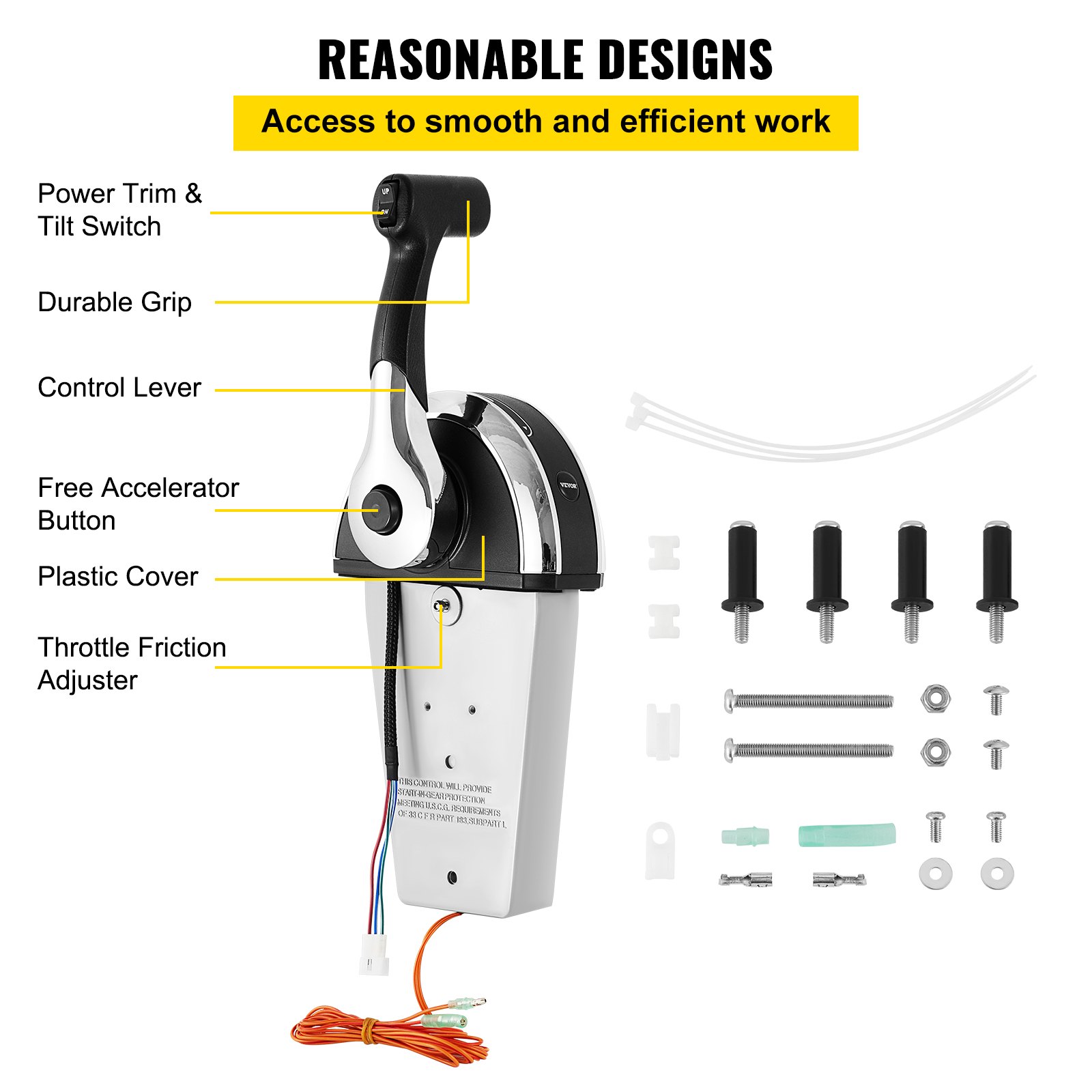 Control remoto fueraborda VEVOR con palanca, botones y accesorios.