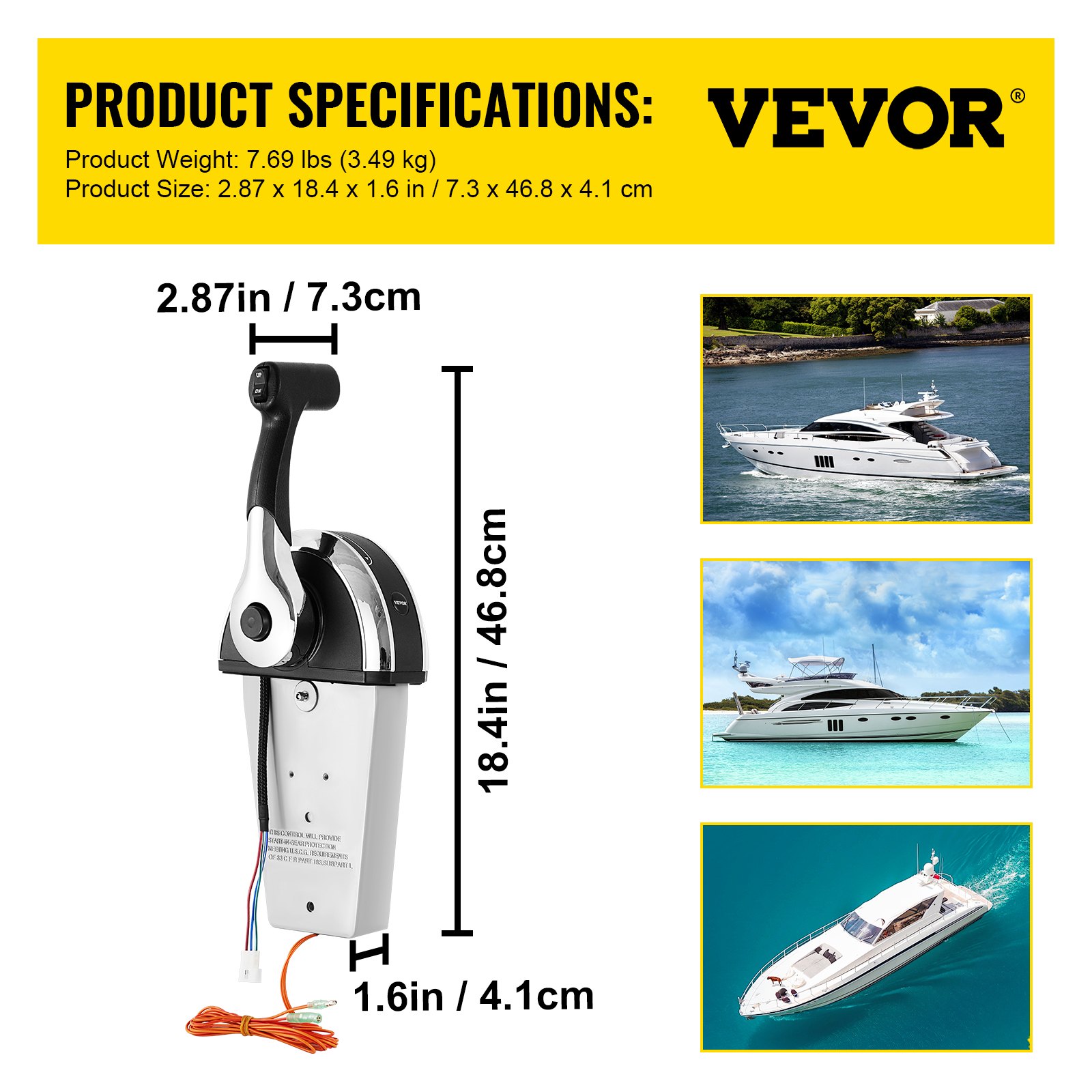 Detalles del control remoto fuera de borda VEVOR con dimensiones del producto e imágenes de yates.