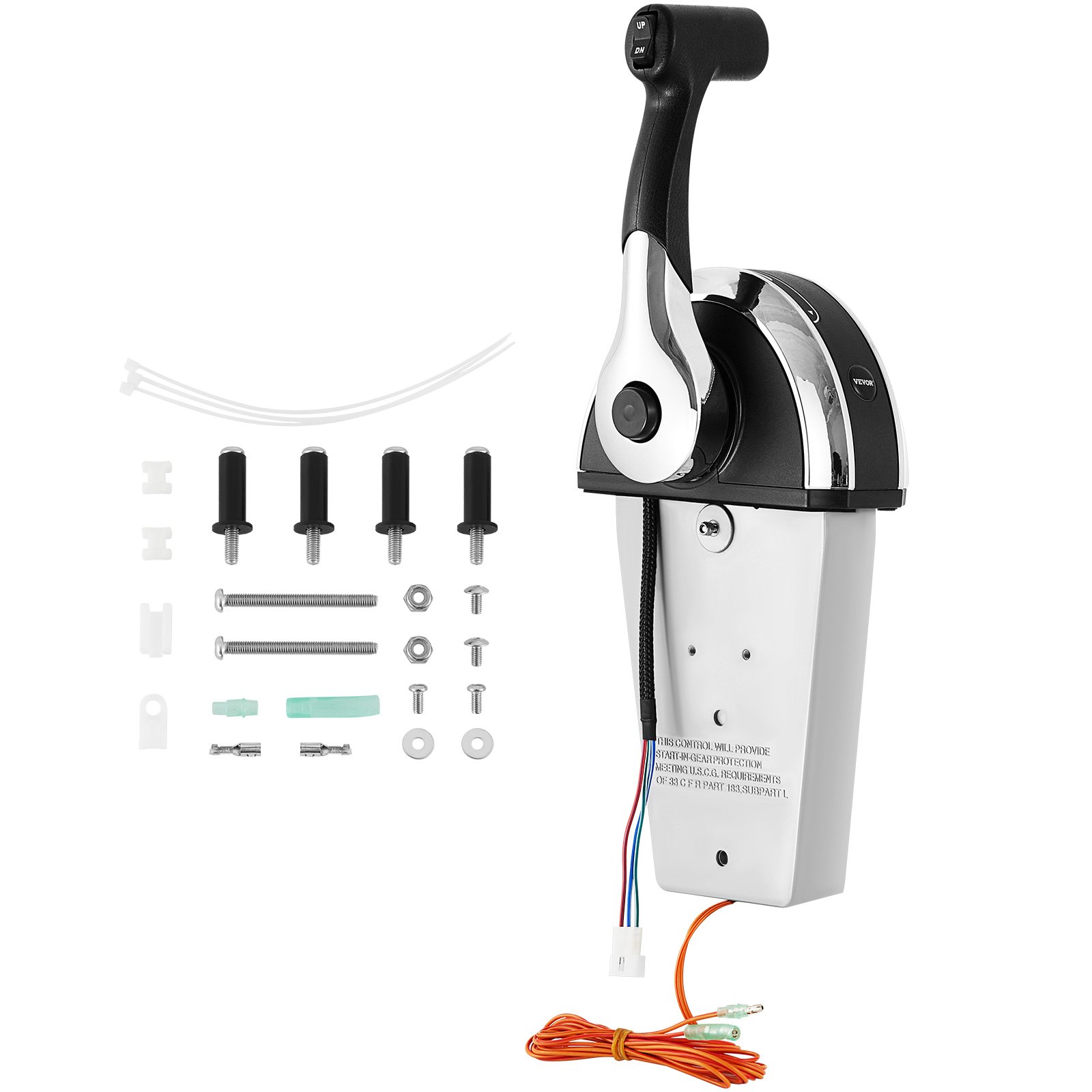 Control remoto fuera de borda VEVOR que muestra manija, cables y hardware de montaje.