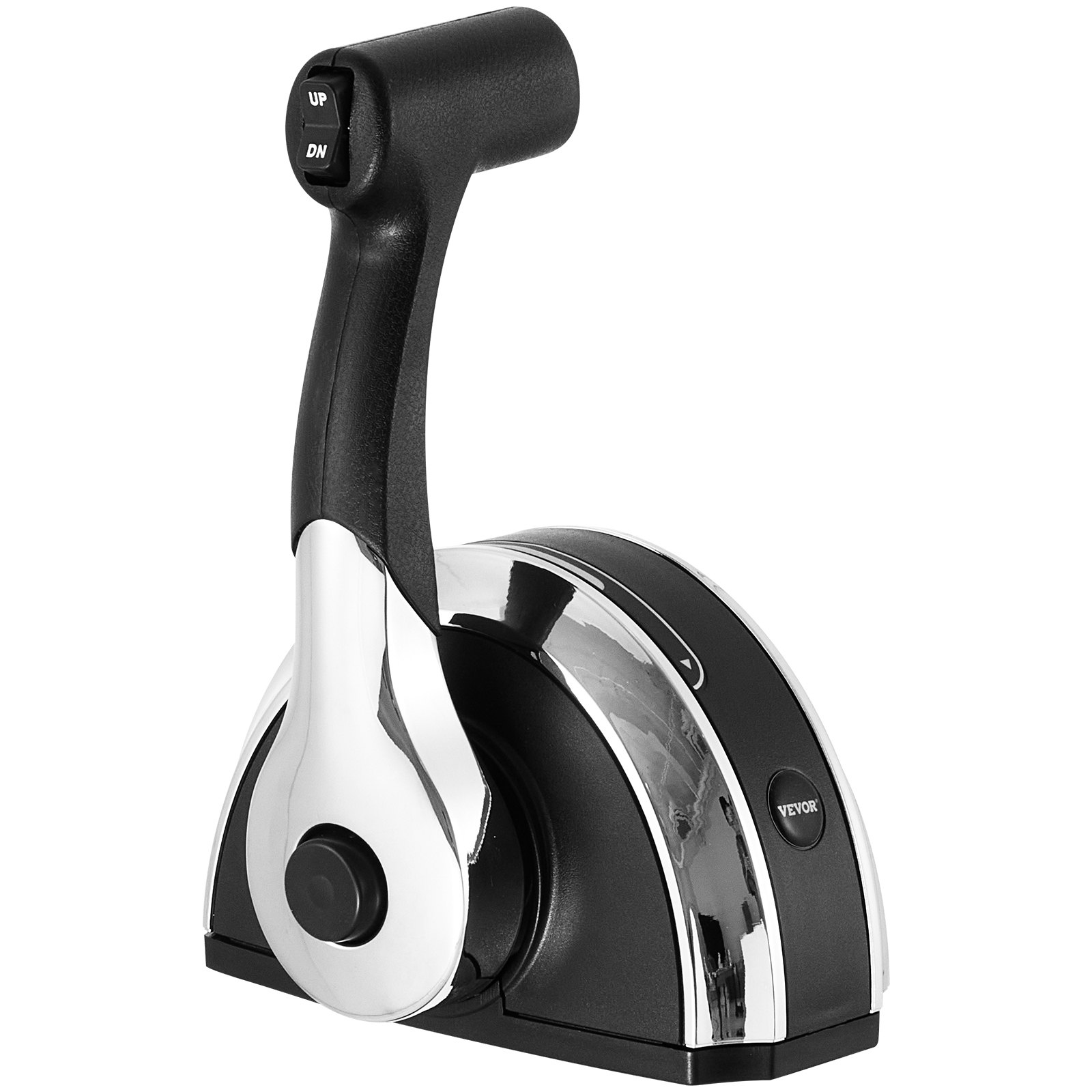 Control remoto para motor fueraborda VEVOR con elegante diseño en cromo y negro y botones arriba/abajo.