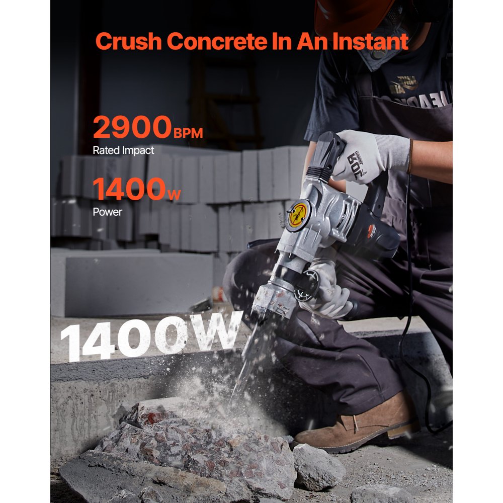 Martillo de demolición VEVOR, martillo neumático eléctrico de 1400 W para trabajo pesado, 2 cinceles y brocas para picar con estuche, martillo rompedor de hormigón de 2900 BPM, guantes negros