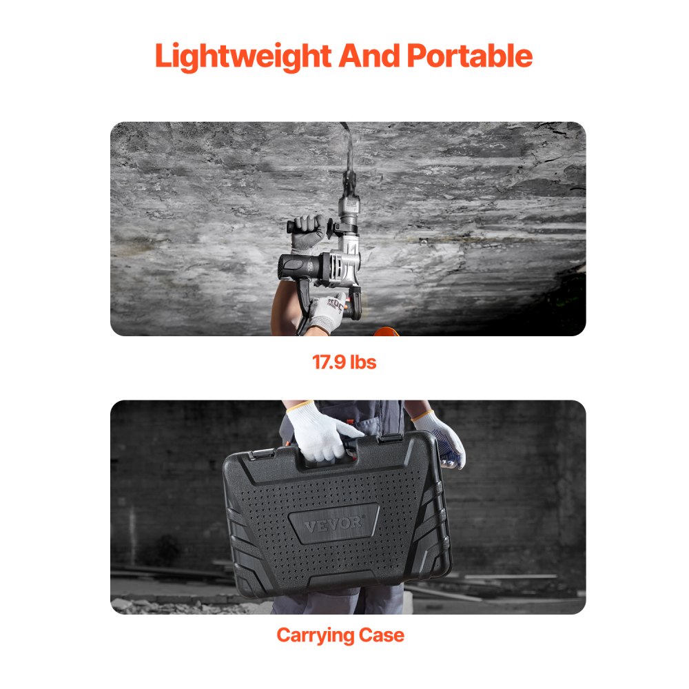 Martillo de demolición VEVOR, martillo neumático eléctrico de 1400 W para trabajo pesado, 2 cinceles y brocas para picar con estuche, martillo rompedor de hormigón de 2900 BPM, guantes negros