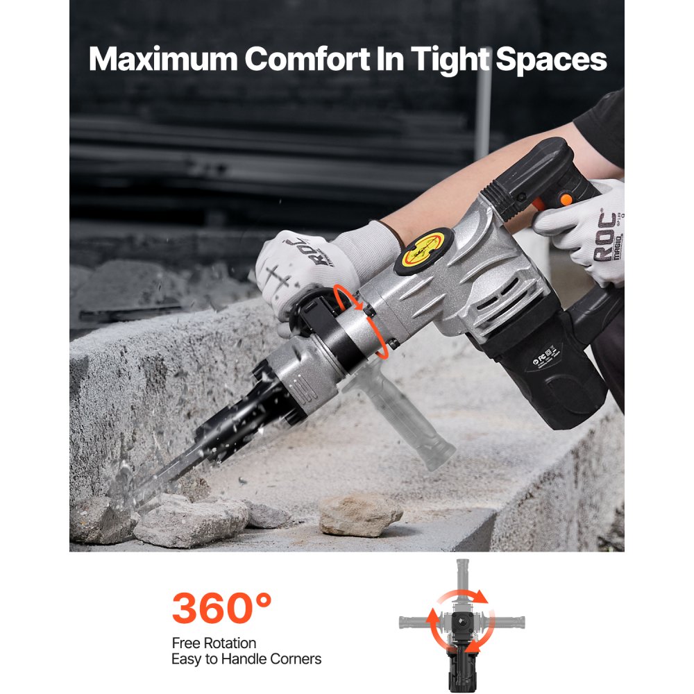 Martillo de demolición VEVOR, martillo neumático eléctrico de 1400 W para trabajo pesado, 2 cinceles y brocas para picar con estuche, martillo rompedor de hormigón de 2900 BPM, guantes negros