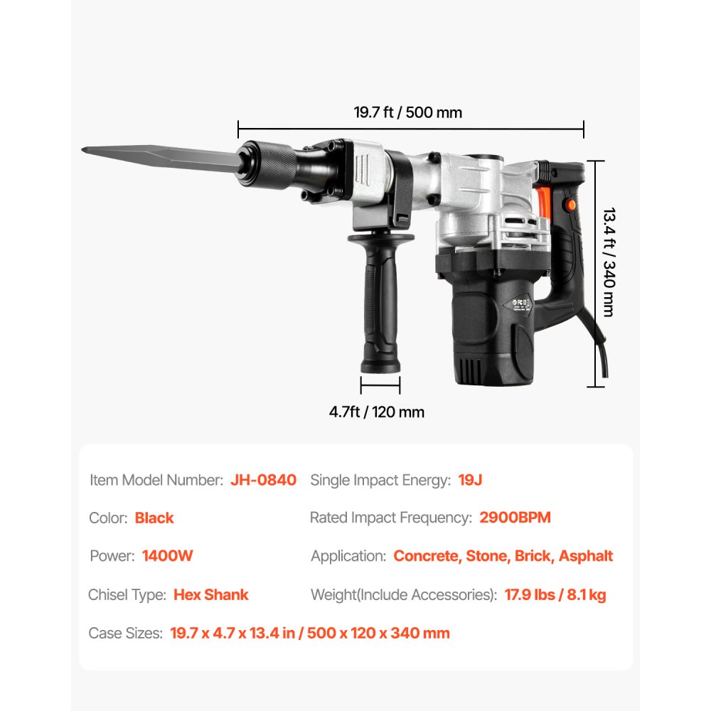 Martillo de demolición VEVOR, martillo neumático eléctrico de 1400 W para trabajo pesado, 2 cinceles y brocas para picar con estuche, martillo rompedor de hormigón de 2900 BPM, guantes negros