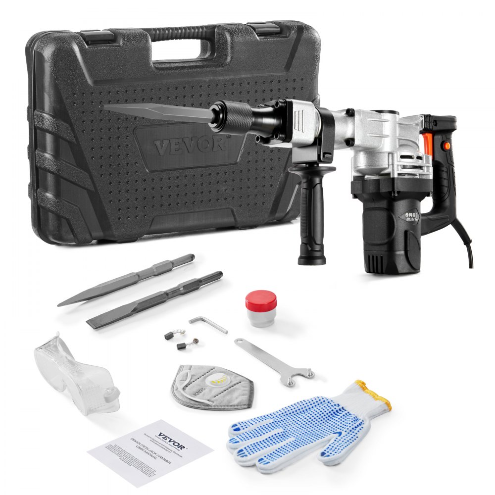 Martillo de demolición VEVOR, martillo neumático eléctrico de 1400 W para trabajo pesado, 2 cinceles y brocas para picar con estuche, martillo rompedor de hormigón de 2900 BPM, guantes negros