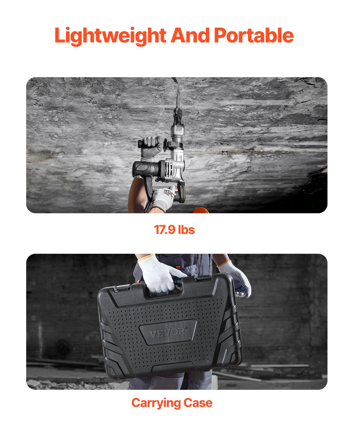 Martillo de demolición VEVOR, martillo neumático eléctrico de 1400 W para trabajo pesado, 2 cinceles y brocas para picar con estuche, martillo rompedor de hormigón de 2900 BPM, guantes negros