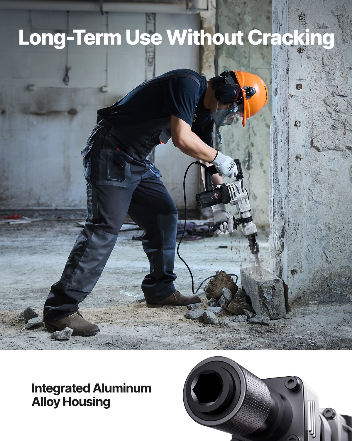 Martillo de demolición VEVOR, martillo neumático eléctrico de 1400 W para trabajo pesado, 2 cinceles y brocas para picar con estuche, martillo rompedor de hormigón de 2900 BPM, guantes negros