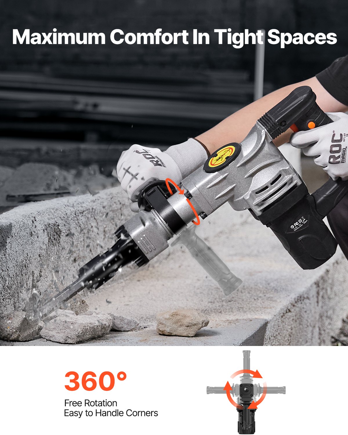 Martillo de demolición VEVOR, martillo neumático eléctrico de 1400 W para trabajo pesado, 2 cinceles y brocas para picar con estuche, martillo rompedor de hormigón de 2900 BPM, guantes negros