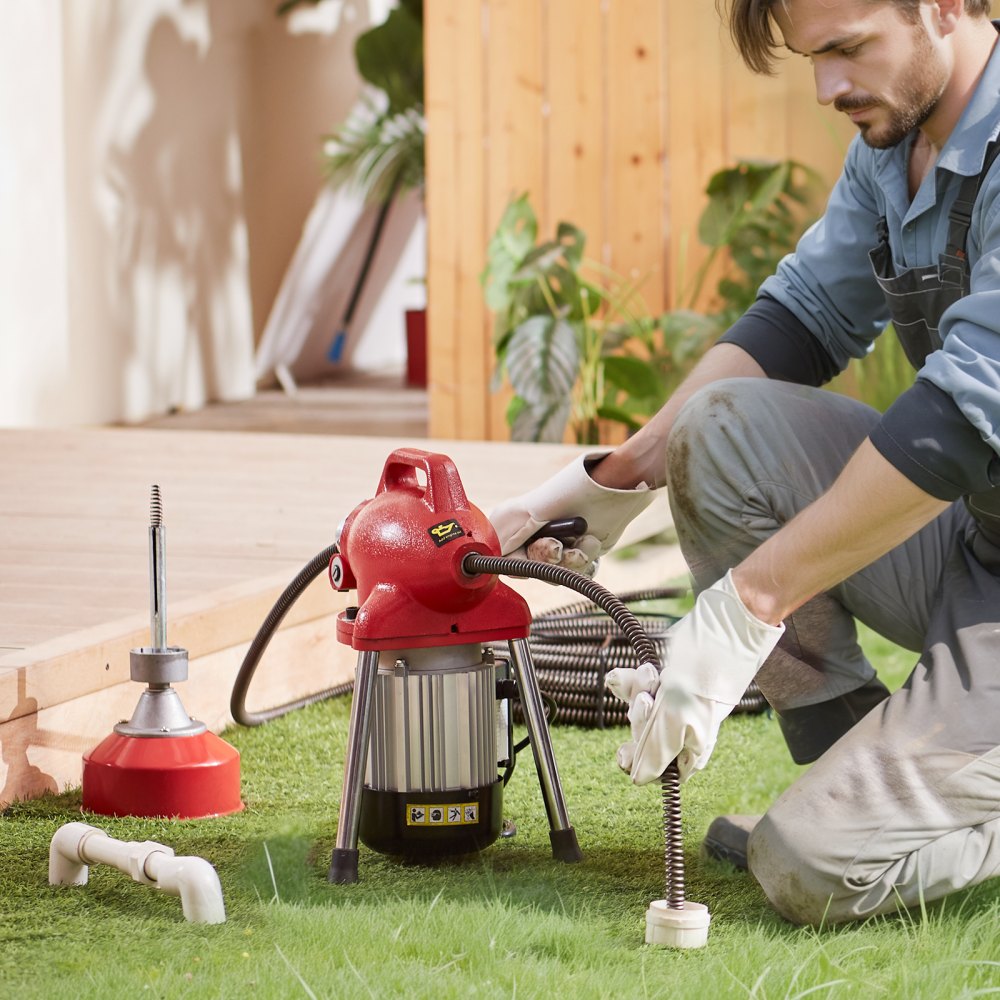 Desatascador de desagües VEVOR de 20 m x 1,6 cm, 250 W, con barrena eléctrica y alimentación manual, con 2 cables de acero seccionales (20 m x 1,6 cm y 4,5 m x 9,5 cm), 7 cortadores y control de giro a la derecha/izquierda para tuberías de 4 a 10 cm.