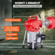Máquina limpiadora de desagües VEVOR de 66 pies x 5/8 pulgadas, 250 W, con barrena seccional y alimentación manual