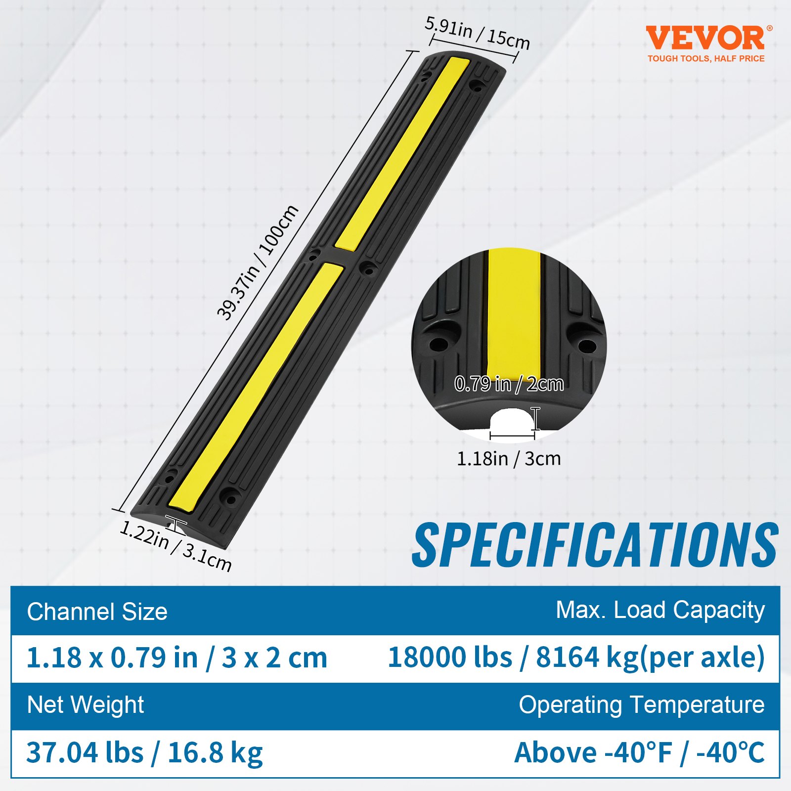 Dimensiones y especificaciones de la rampa protectora de cables VEVOR en color negro y amarillo con detalles en azul.