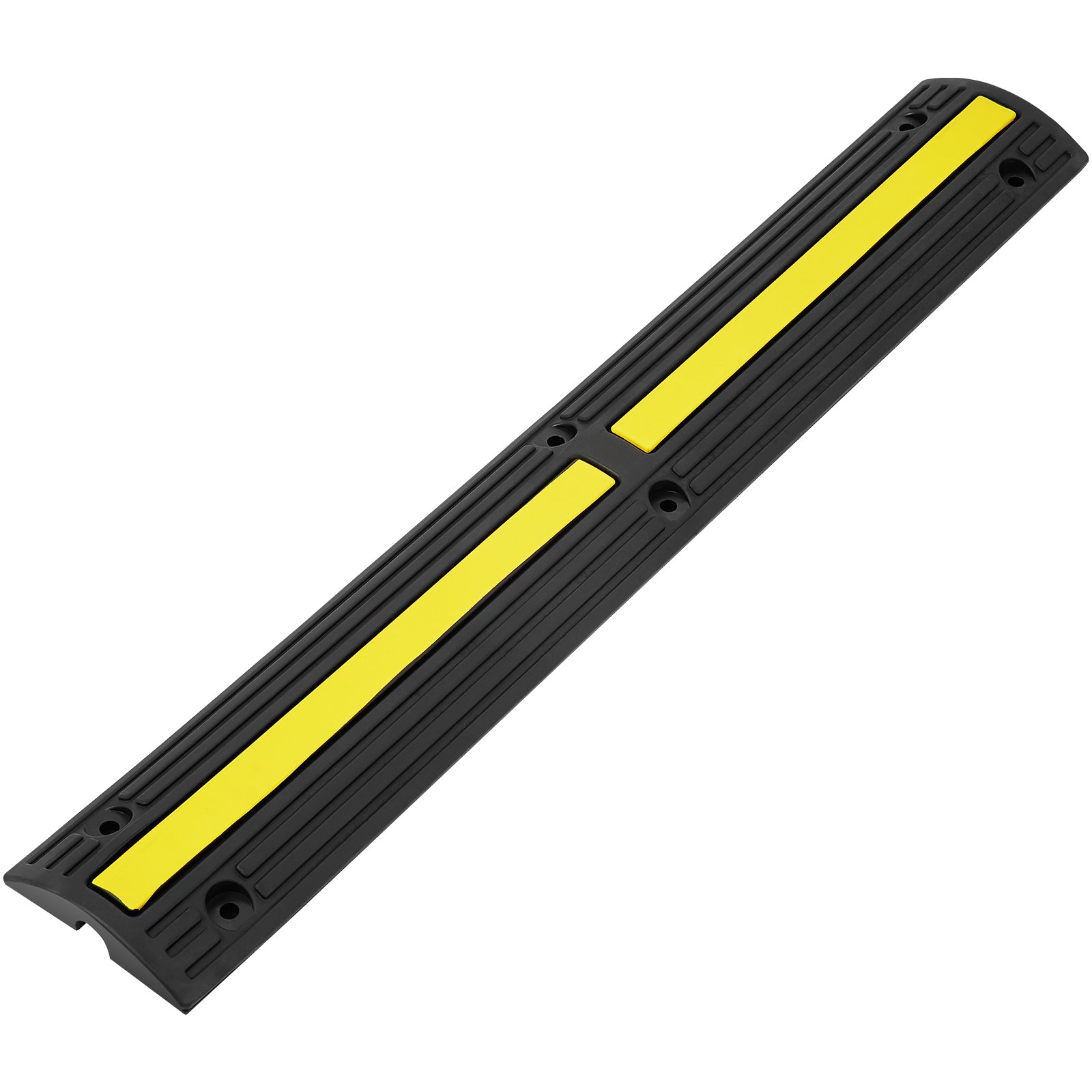 Rampa protectora de cable VEVOR negra con rayas de seguridad amarillas y orificios para montaje de tornillos.