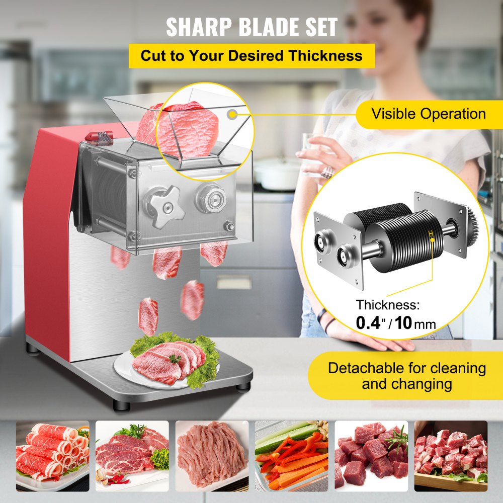 VEVOR Máquina cortadora de carne comercial, 551 Lbs/H 850W Máquina trituradora de carne, Cortadora eléctrica de carne con hoja de 10 mm, Cortadora de alimentos de restaurante de acero inoxidable, para cocina Supermercado Cordero Pollo de res, Rojo