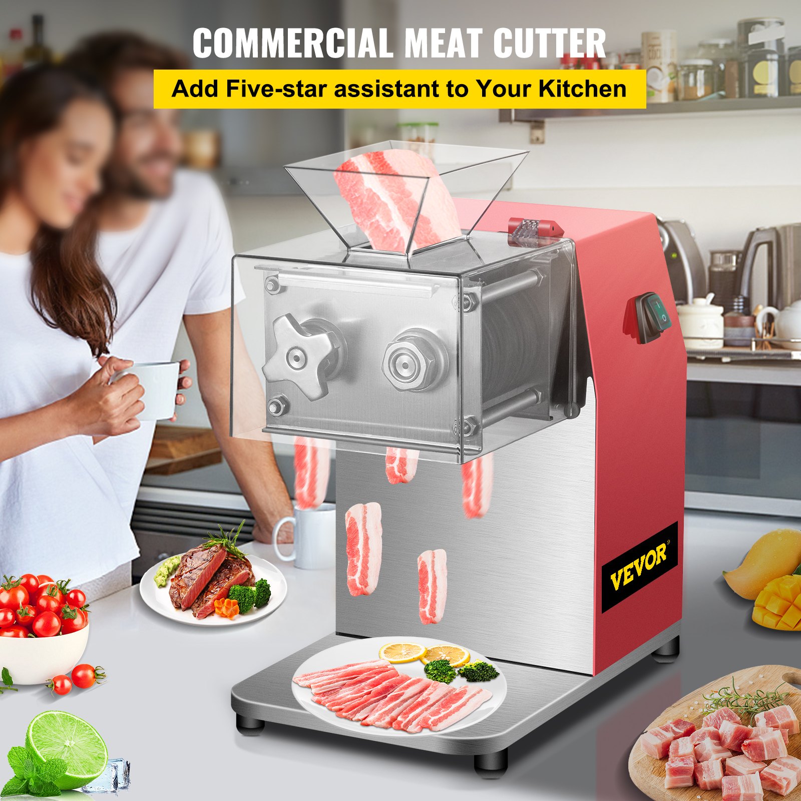 VEVOR Máquina cortadora de carne comercial, 551 Lbs/H 850W Máquina trituradora de carne, cortadora de carne eléctrica de hoja de 7 mm, cortadora de alimentos de restaurante de acero inoxidable, para cocina Supermercado Cordero Pollo de res, rojo