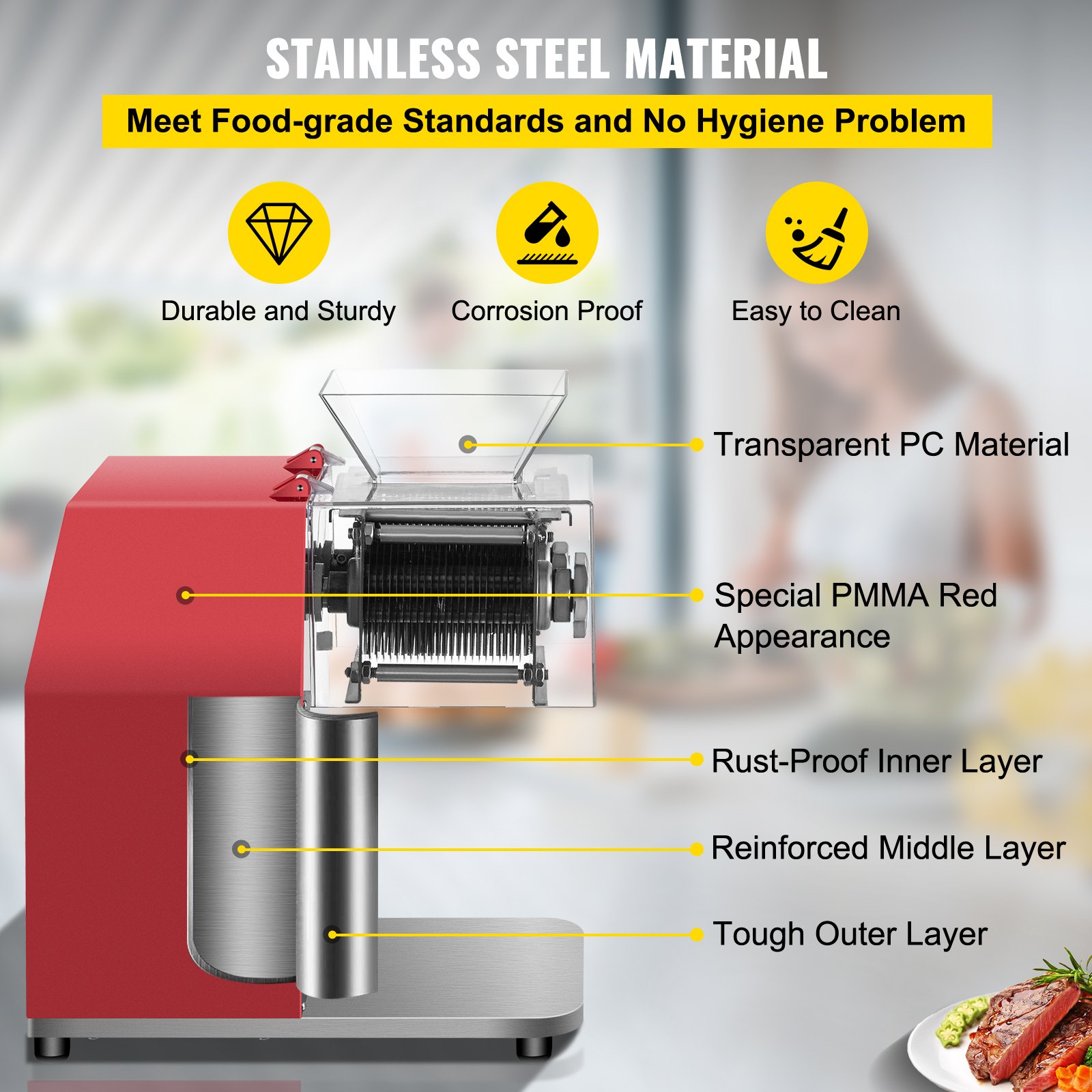 VEVOR Máquina cortadora de carne comercial, 551 Lbs/H 850W Máquina trituradora de carne, cortadora de carne eléctrica de hoja de 7 mm, cortadora de alimentos de restaurante de acero inoxidable, para cocina Supermercado Cordero Pollo de res, rojo