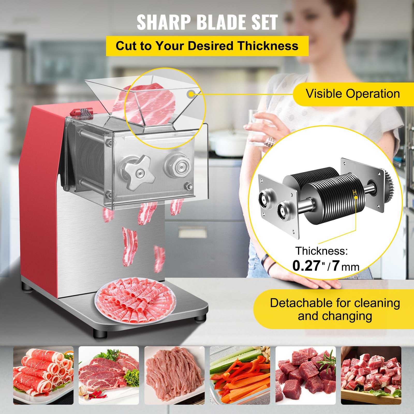 VEVOR Máquina cortadora de carne comercial, 551 Lbs/H 850W Máquina trituradora de carne, cortadora de carne eléctrica de hoja de 7 mm, cortadora de alimentos de restaurante de acero inoxidable, para cocina Supermercado Cordero Pollo de res, rojo