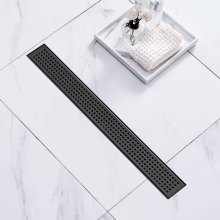 VEVOR Desagüe de ducha lineal de 24 pulgadas con rejilla de patrón cuadrado, desagüe de piso de ducha rectangular de acero inoxidable cepillado 304, elegante drenaje lineal con colador de pelo, negro mate