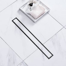 VEVOR Drenaje de ducha lineal de 24 pulgadas con cubierta de inserción de azulejos, drenaje de piso de ducha rectangular de acero inoxidable cepillado 304, elegante drenaje lineal con colador de pelo, negro