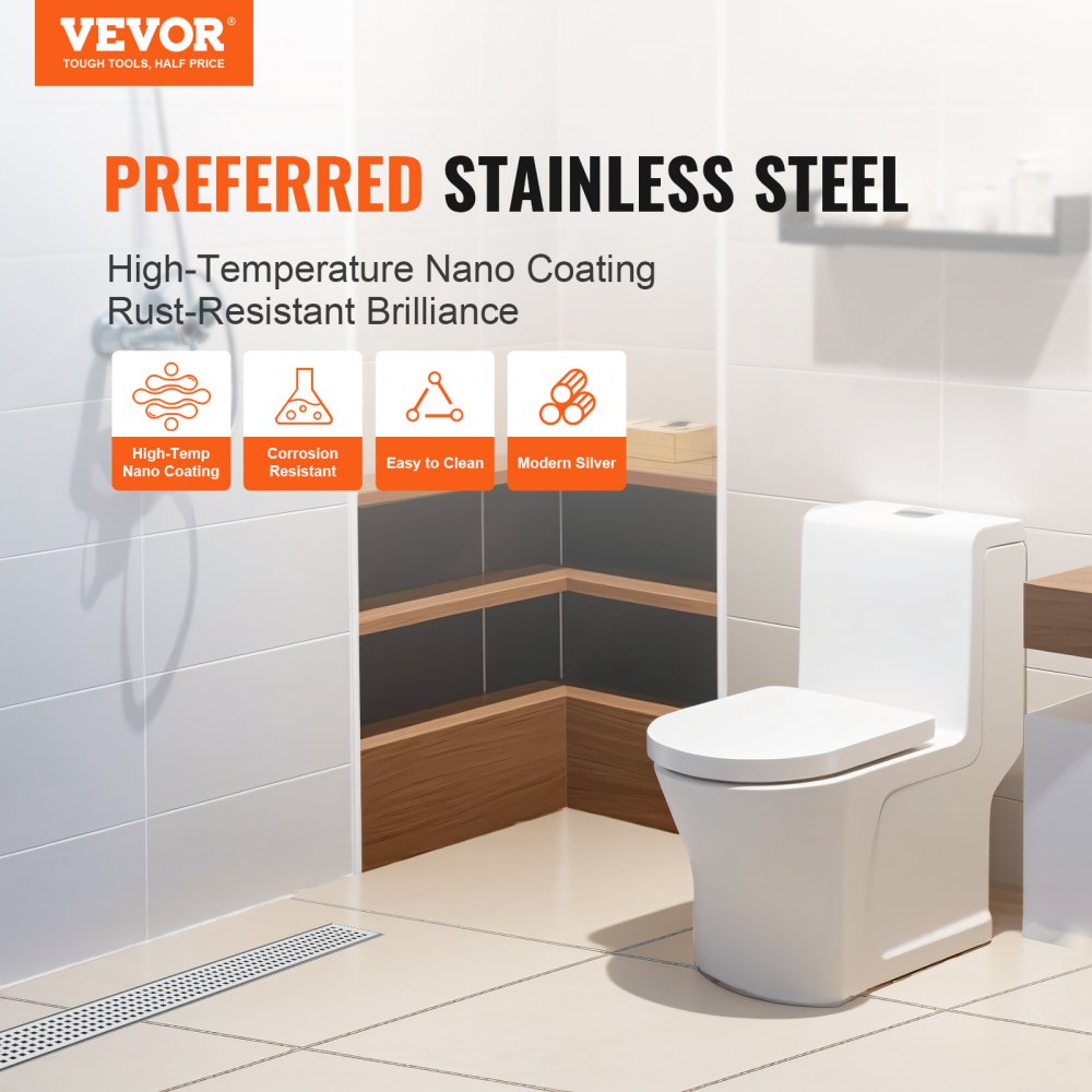 Desagüe de ducha lineal VEVOR en un baño moderno con acero inoxidable, revestimiento nano de alta temperatura y resistencia al óxido.