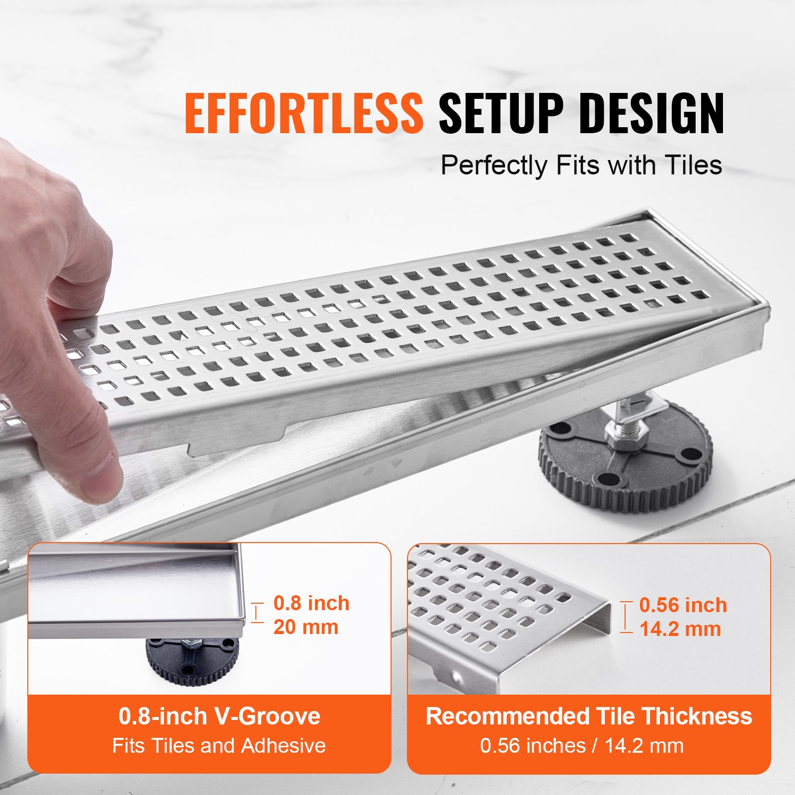 Desagüe de ducha lineal VEVOR que se instala con un diseño de configuración sin esfuerzo y que se adapta perfectamente a los azulejos.