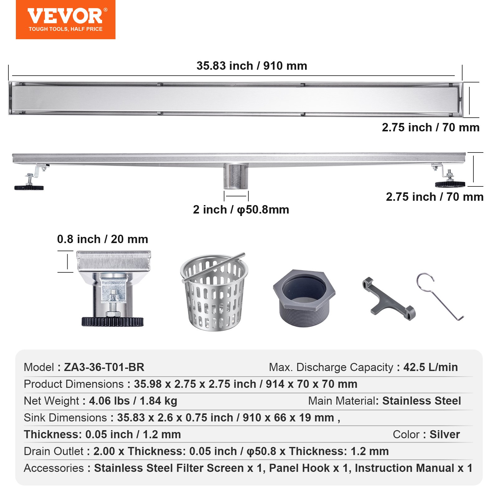 Desagüe de ducha lineal VEVOR 35,83&quot;x2,75&quot;x2,75&quot;, acero inoxidable, con accesorios y dimensiones.