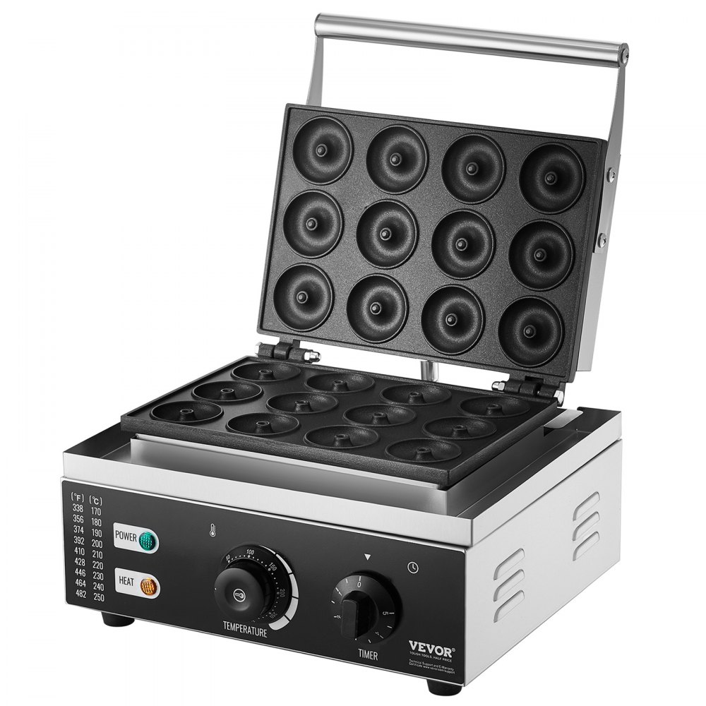 Máquina eléctrica para hacer donas VEVOR, 1550 W, antiadherente, para hacer 12 donas, con 12 agujeros y calefacción de doble cara, ideal para restaurantes y hogares.